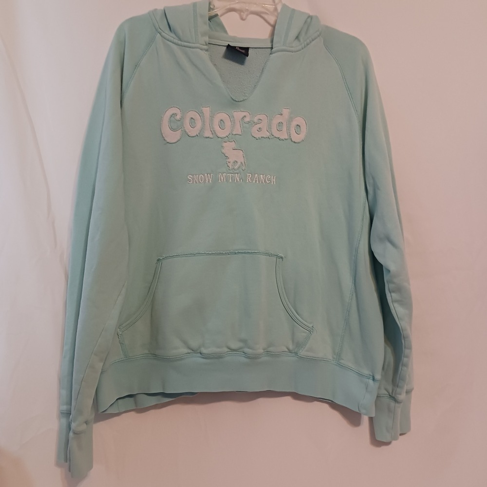 Colorado Hoodie Womens XL Aqua Blue Excellent Snow Mtn Ranch Moose Applique